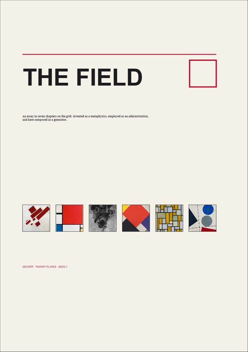 The title page of THE FIELD: a red em-quad frame and a strip of six field plates.