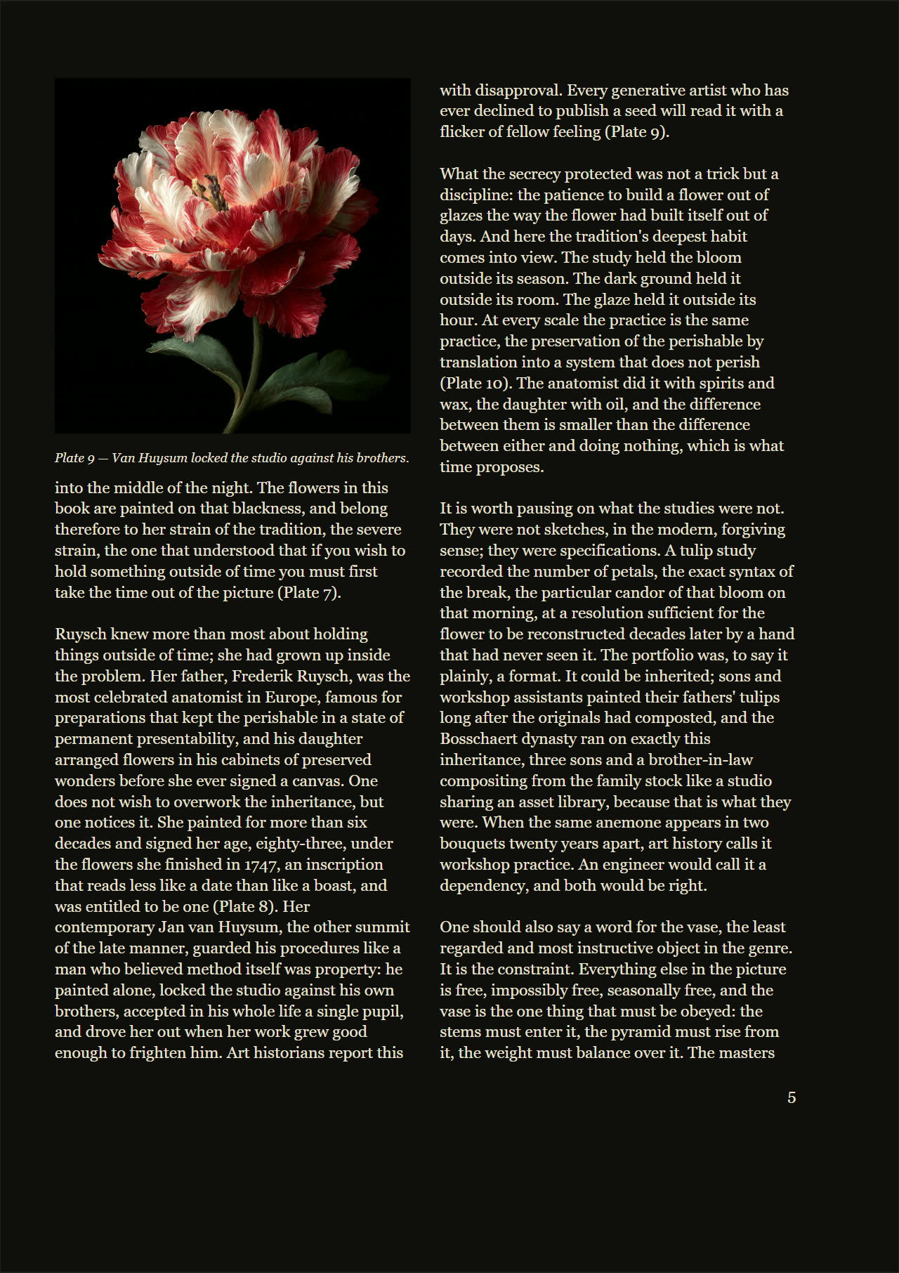 A page of STILLEVEN: a Dutch floral plate above two columns of essay text.